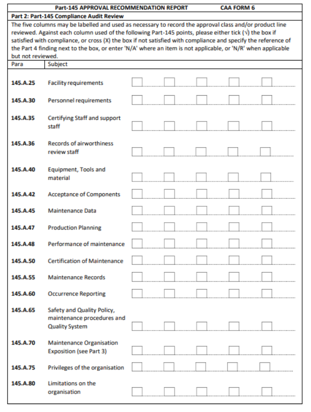 Appendix II to AMC 145.B.20(5) — CAA Form 6